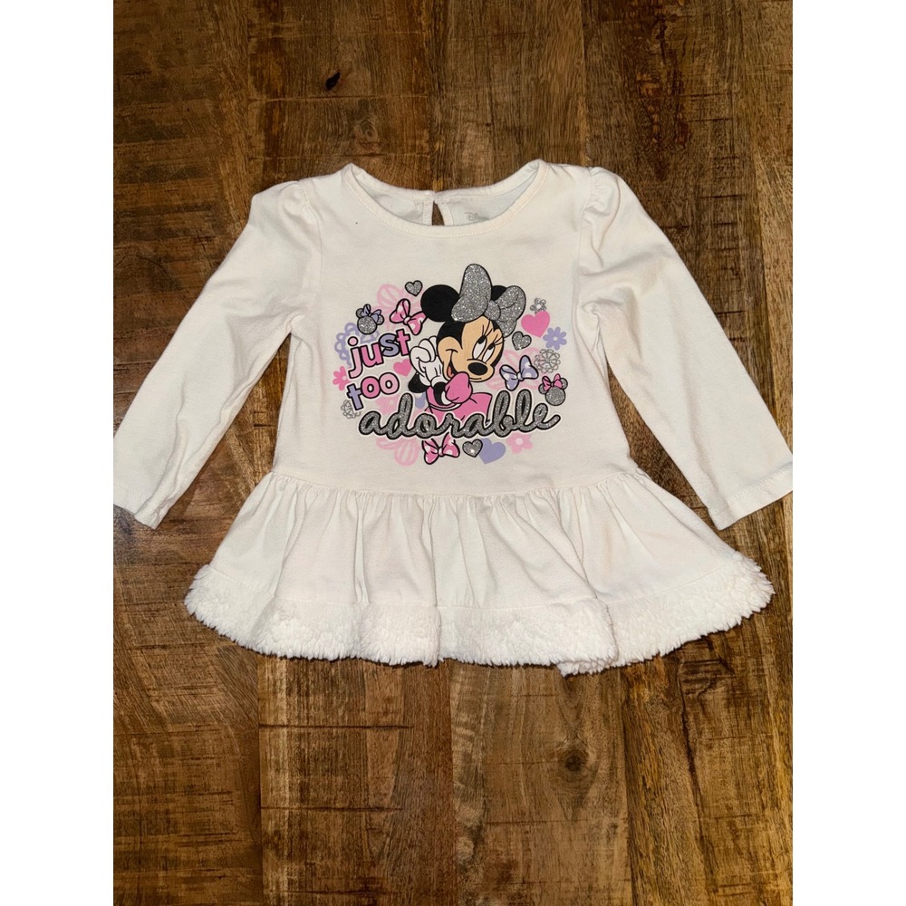 Disney Baby Minnie Mouse Peplum Top Cream Faux Fur Trim 24M Long Sleeve Shirt